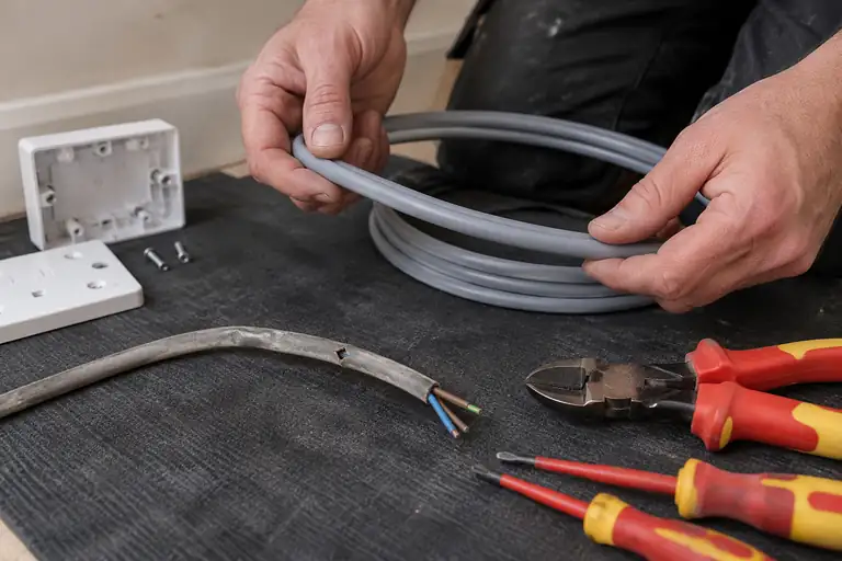 Electrician holding replacement cable beside a removed damaged cable and insulated tools.
