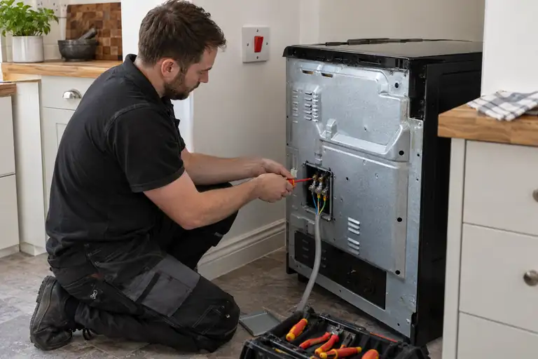 Electrician connecting the rear terminal block of a freestanding electric cooker.