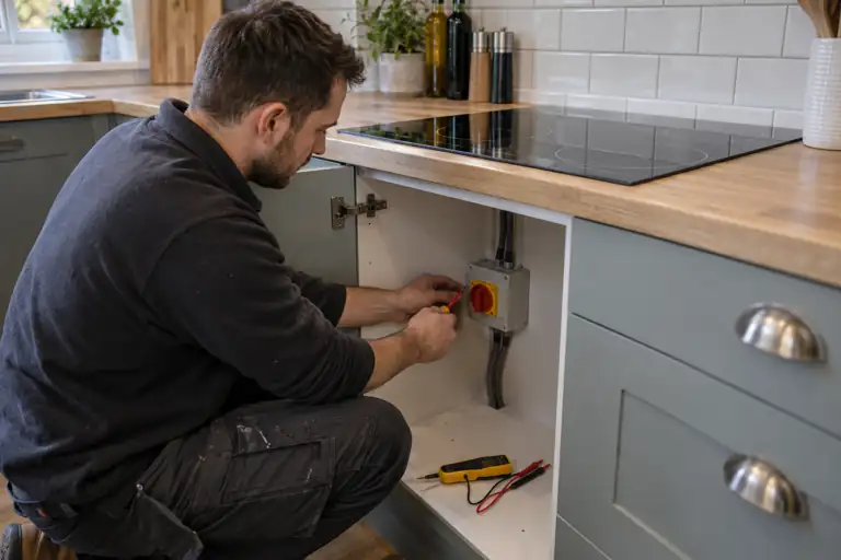 Electric hob installation: a professional electrician assessing or carrying out the electrical work.