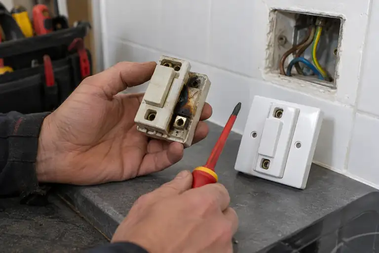 Close view of an electrician examining a detached scorched electrical switch.