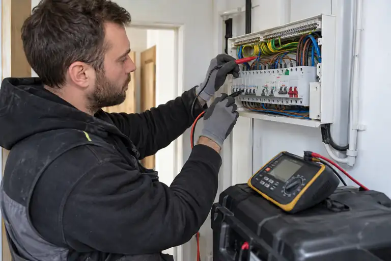 Electrician using an installation tester at a UK consumer unit.