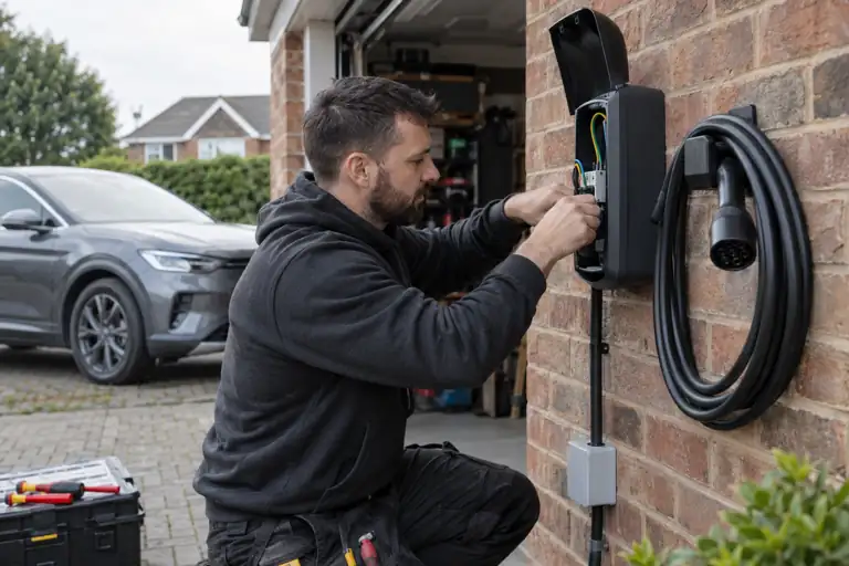 EV charger installation: a professional electrician assessing or carrying out the electrical work.
