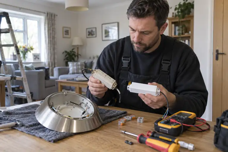 Flickering light repairs: a professional electrician assessing or carrying out the electrical work.