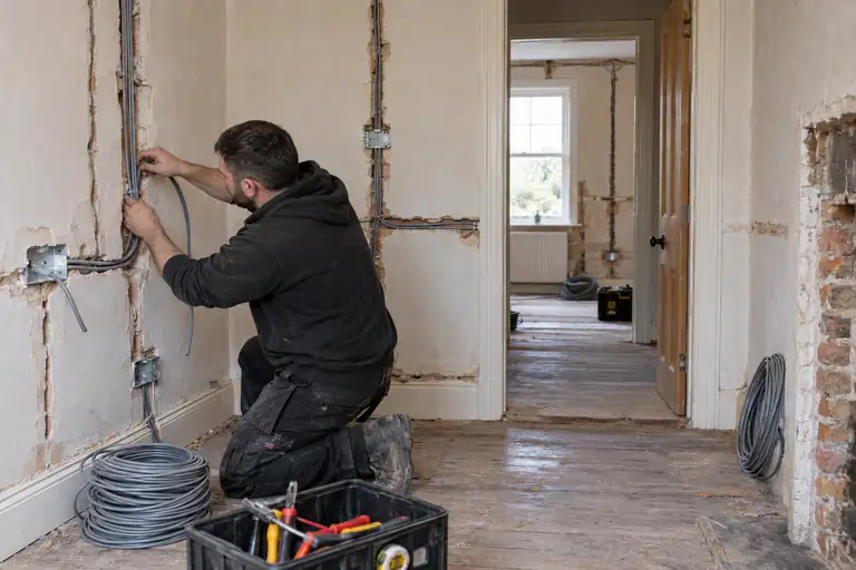 Electrician routing new cables through chased walls during a house renovation.