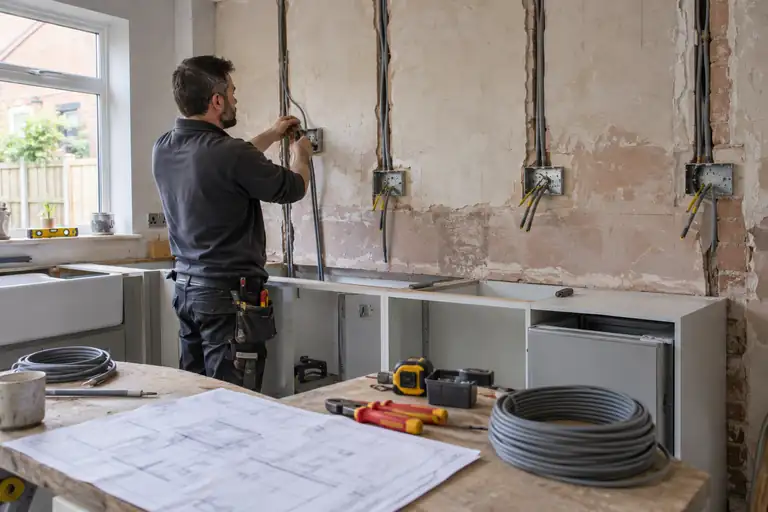 Electrician running cables to socket backboxes during a kitchen renovation.