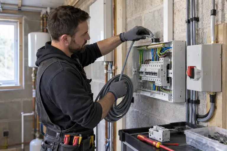 Electrician routing a new circuit cable into a locked-off metal consumer unit.